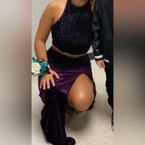 deep purple 2 piece rhinestoned prom dress